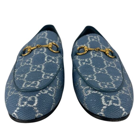 Gucci Horsebit Jordaan Lame Fabric Loafers Blue Silver Size 37.5 - Picture 8 of 13